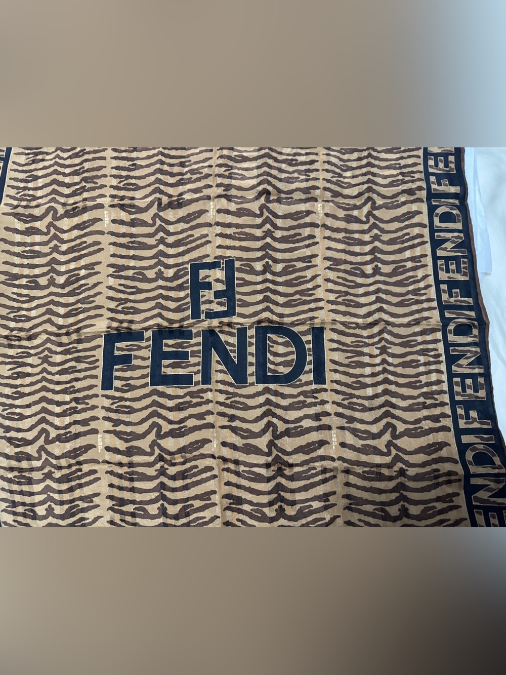 Fendi AUTHENTIC Vintage Logo FF Monogram Brown Black Zebra Small Scarf - Picture 5 of 16